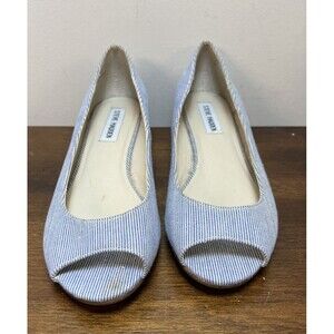 Steve Madden Bunni Blue Open Toe Low Wedge Cork Flats Stripes Size 7.5